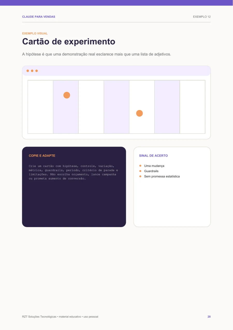 Cartão de experimento, referência visual apresentada no guia